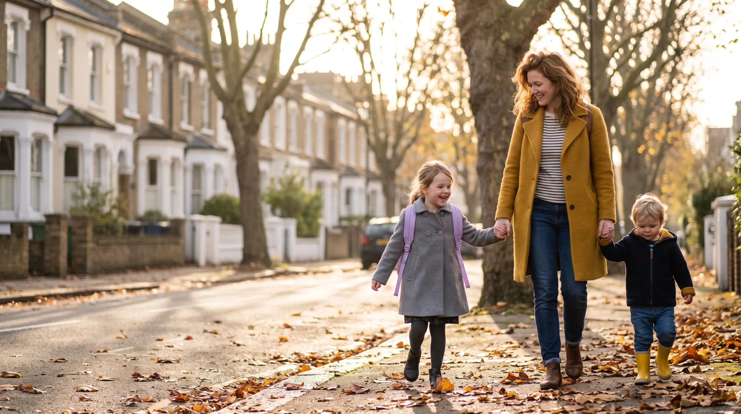 A mum in a mustard coat walks her daughter and toddler son to school along a leafy street on a bright autumn morning, all three smiling.