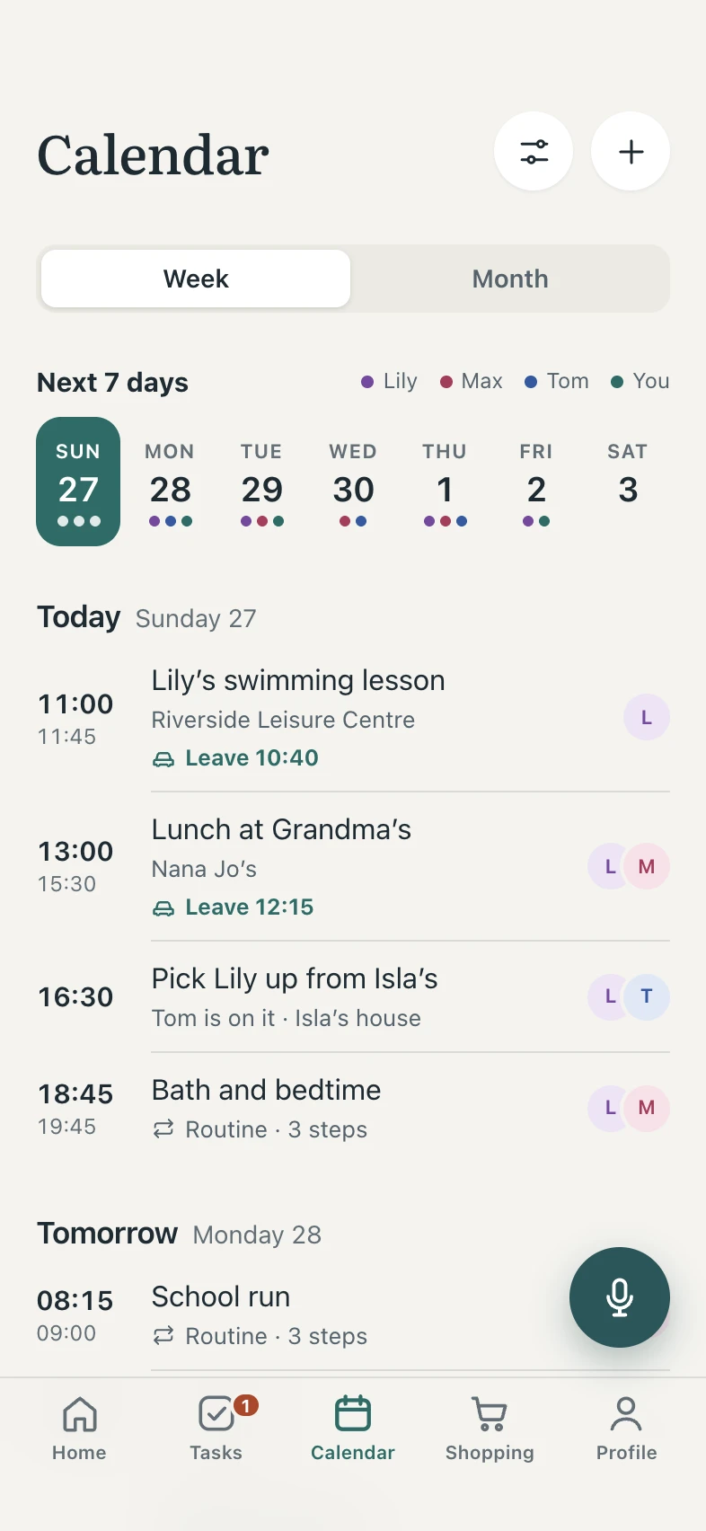 The next seven days, with Lily, Max, Tom and Emma each in their own colour.