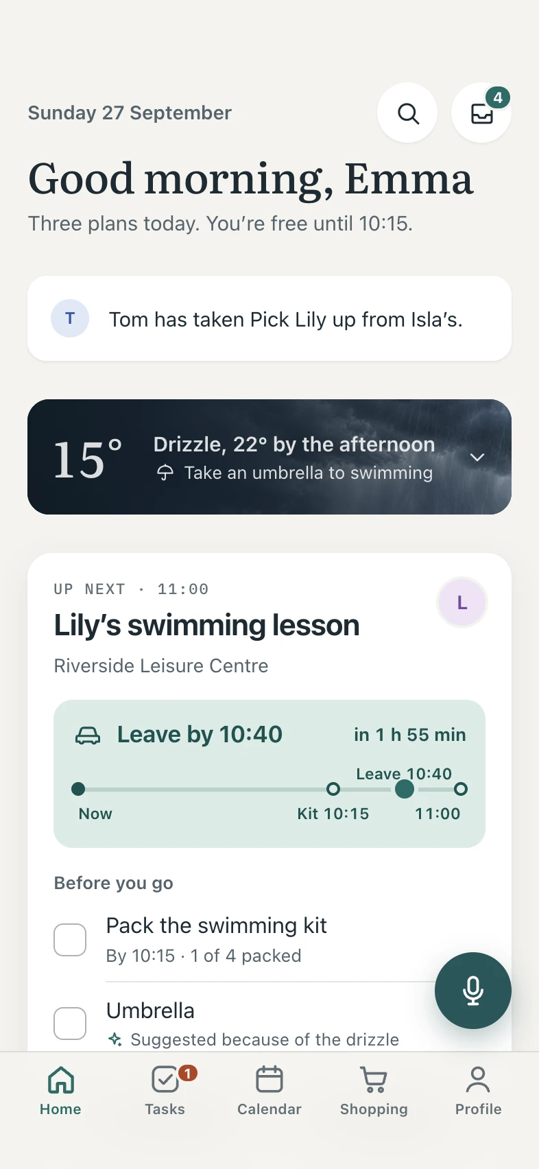 momry’s Home: Lily’s swimming lesson at 11:00, leave by 10:40, pack the kit by 10:15.