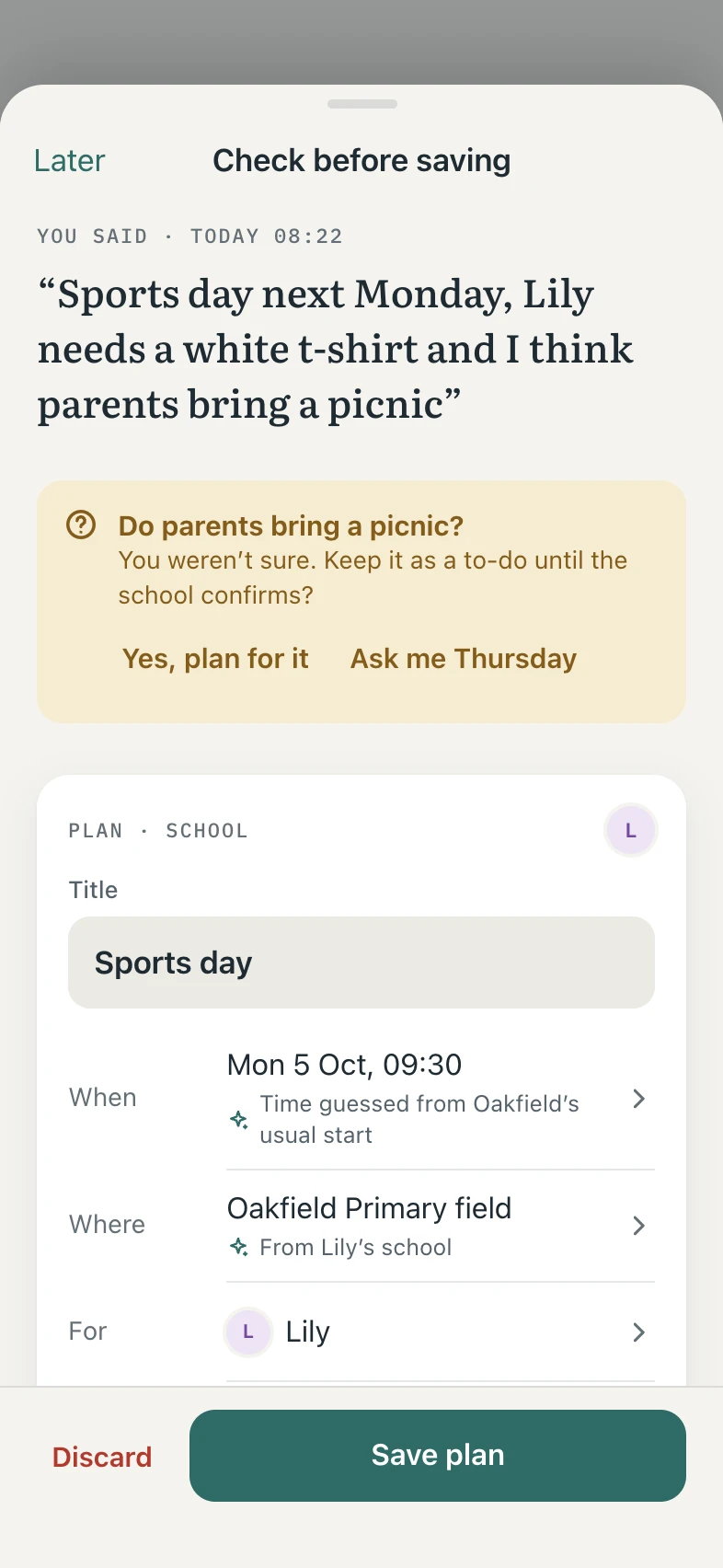 Check before saving: the sports day plan, with its open question about the picnic at the top.