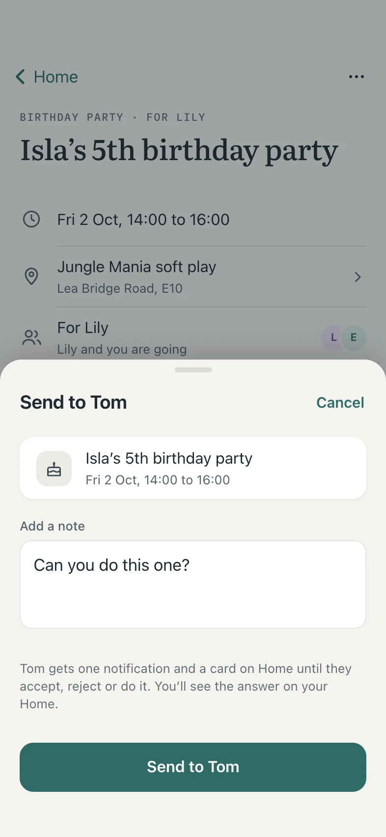 Sending Isla’s 5th birthday party to Tom with the note: can you do this one?