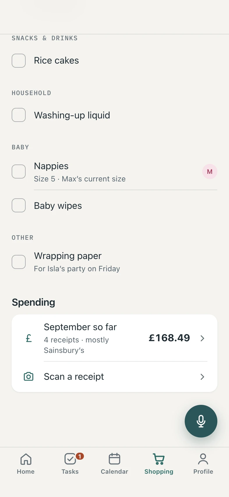 The shopping list: nappies in size 5, Max’s current size; wrapping paper for Isla’s party on Friday; and September’s spending so far.