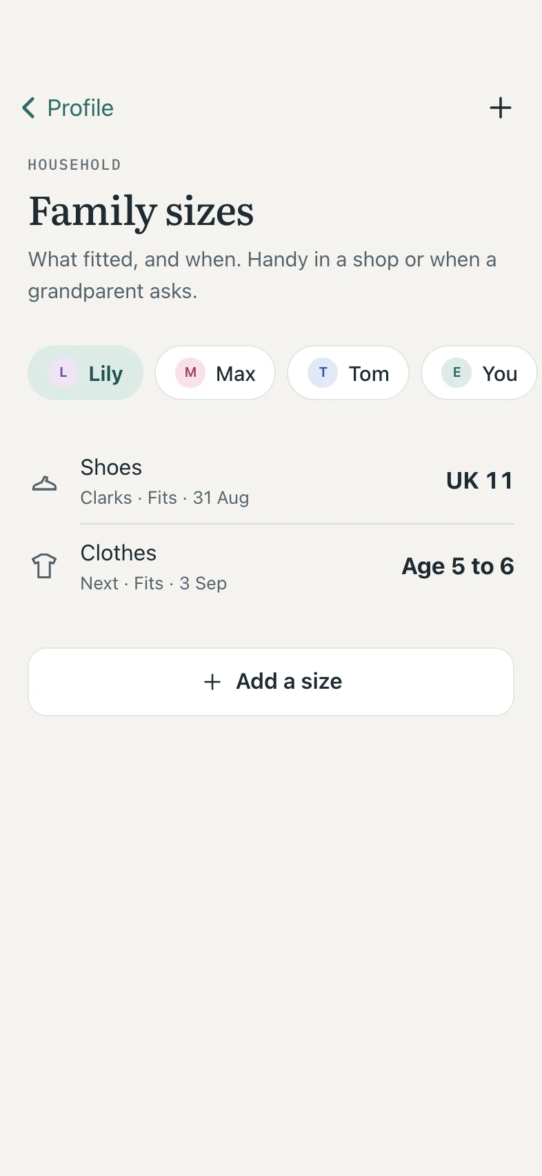 Family sizes: Lily’s shoes are UK 11, her clothes age 5 to 6.