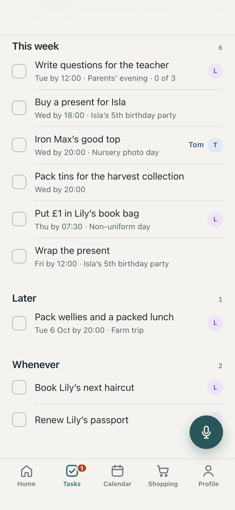 This week in momry: write questions for the teacher for parents’ evening, pack tins for the harvest collection by Wednesday, put £1 in Lily’s book bag by Thursday for non-uniform day.
