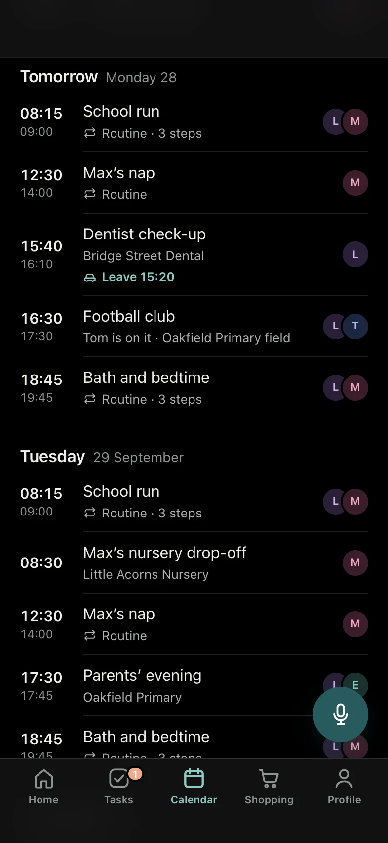 Tomorrow in dark mode: school run 08:15, the dentist at 15:40 with leave by 15:20, and football club, which Tom is on.